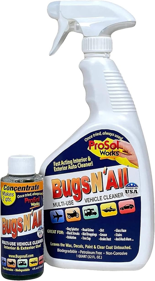 Bugs Nâ All Multipurpose Car Cleaner & Degreaser - Bug & Tar Remover Concentrate 4 oz - Exterior Cleaner Safe for Car Paint, Metal, Chrome, Aluminum, Windows & Mirrors - w/Free 32 oz Spray Bottle