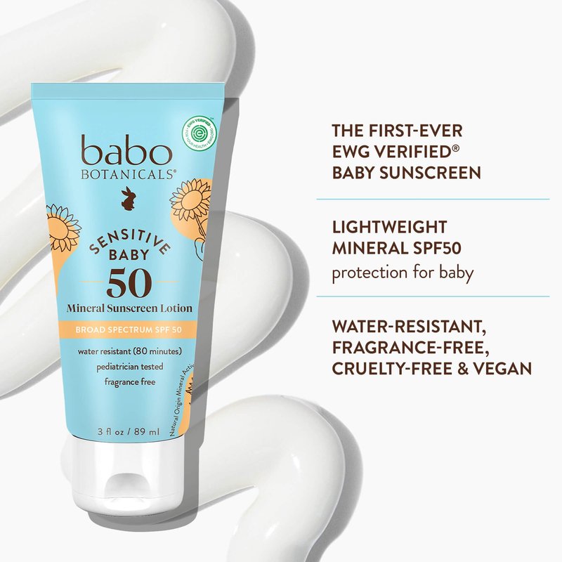Babo Botanicals Sensitive Baby Mineral Sunscreen Lotion SPF50 - Natural Zinc Oxide - Face & Body - Fragrance-Free - Water-Resistant - EWG Verified - Vegan - Extra Sensitive Skin - For Babies & Kids