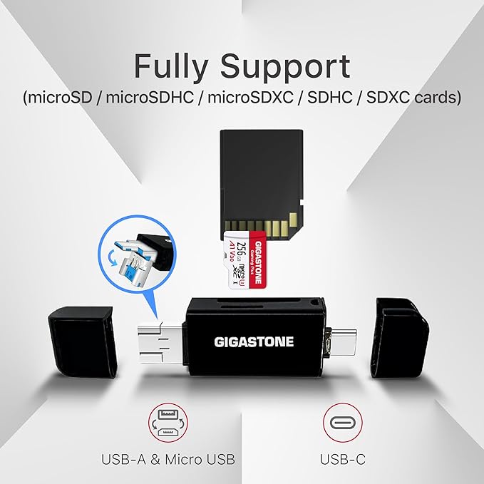 【5-Years Data Recovery】 GIGASTONE 256GB SD Card with USB Type C Card Reader, 4K Camera Pro, UHS-I A1 V30 U3 SDXC Memory Card Compatible with Digital Camera, with 1 mini case