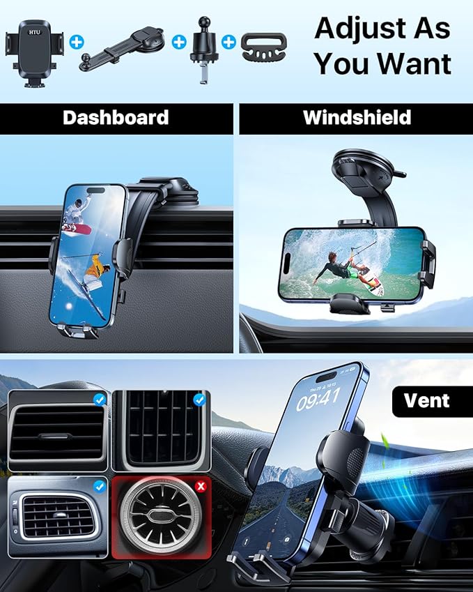 HTU Upgraded Strongest Suction Car Phone Holder Bendable Arm, Never Block View Rotatable Cellphone Mount for Dashboard Windshield Vent, Cradle Stand for iPhone 17 16 15 14 13 12 Pro Max (Lndigo Blue)