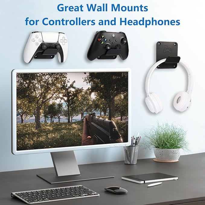 Qpfctwil Controller Holders Wall Mount 3 Pack Wall Stands With Non-Slip Pads, Premium Headphone Mount for Controllers and Headsets, Black, YCKJ-WM-01