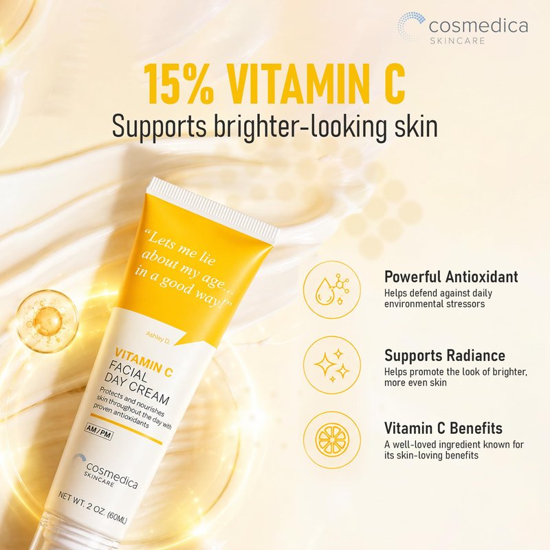 Cosmedica Skincare Vitamin C Facial Moisturizer – 15% Vitamin C Facial Day Cream - 2 ounces – Protects and nourishes skin throughout the day – Vegan, Cruelty Free Skincare