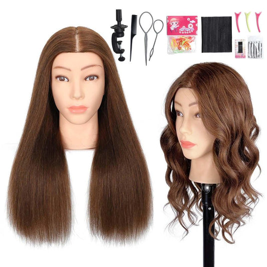 MQHIHI Mannequin Head Human Hair, 100% Real Hair Cosmetology Manikin Head for Practice Braiding Hairstyling Cutting with Free Clamp Holder and Tools (100% Brown)
