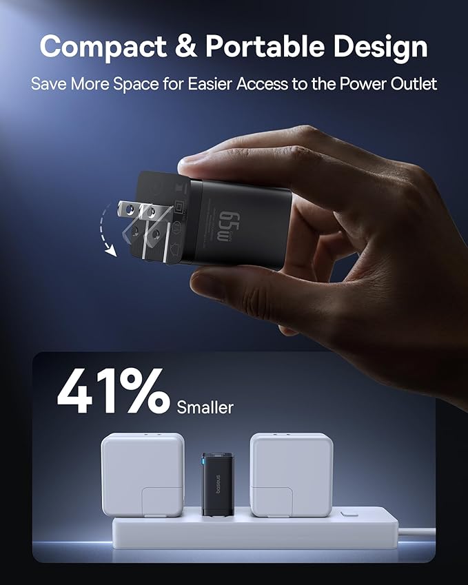 Baseus 2 Pack 65W USB C Charger Block, PPS 3-Port Fast Compact Foldable USB C Charger for MacBook, iPad Pro, Galaxy S24, iPhone 17/16 and More Series