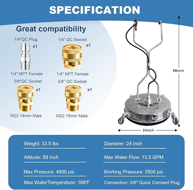 24" Pressure Washer Surface Cleaner with 4 Wheels & Dual Handles, 4900 PSI 12 GPM Stainless Steel Surface Cleaner Attachment with 2 Nozzles for Driveways, Sidewalks, Decks & Patios, Commercial Grade