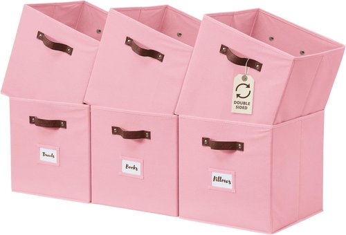 DECOMOMO Storage Bins - Fabric Cube Storage Bins with Labels | 10.5" x 11" | Set of 6, Pink