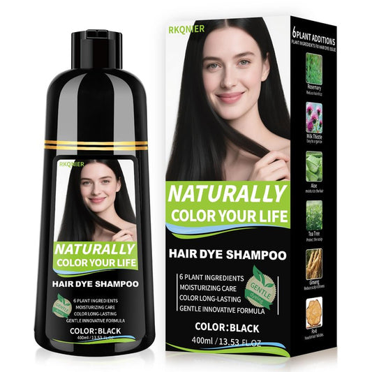 RKQNIER Black Hair Dye Shampoo for Women & Men, 10 Min Gray Coverage, 3 in 1 Semi-Permanent Hair Color Shampoo with Natural Herbal Ingredients