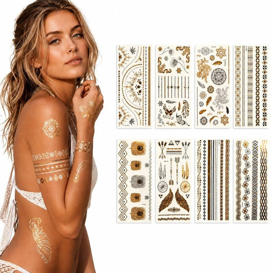 Muulaii 8 Sheets Gold Tattoos Temporary, Long Lasting Metallic Tattoos