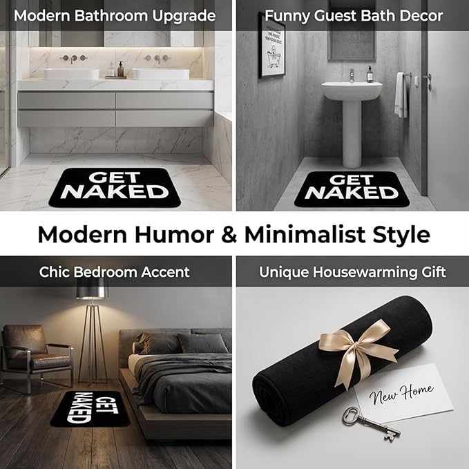 Black Get Naked Memory Foam Bath Mat 16x204 Inch, Funny Bathroom Rugs, Cute Dorm, Apartment Decor, Soft Non Slip Absorbent Mats for Shower, Vanity