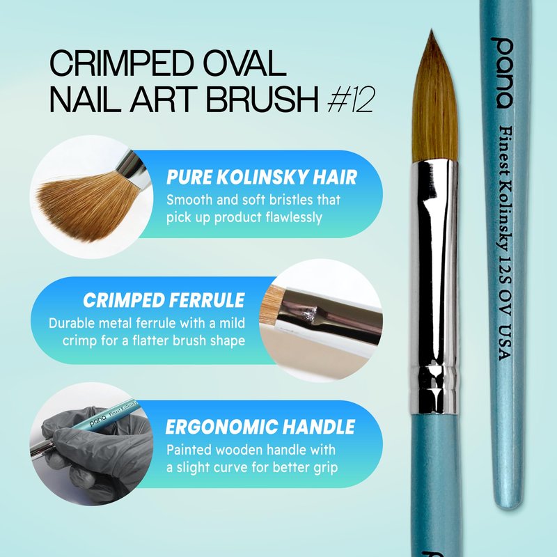 PANA Pure Kolinsky Hair Acrylic Nail Brush - Oval Crimped Teal Wood Handle (Size 12)
