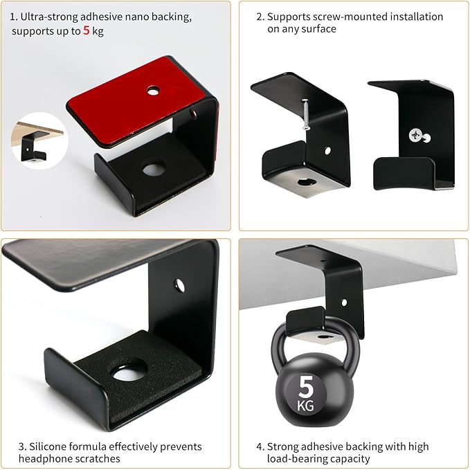 Hi-ERA Headphone Holder Hanger,Headset Mount for Desk,Headset Stand Aluminum Headphone Hook with Strong Adhesive Tape for Classroom, Gaming Room with 2 Install Style with Rubber Pad,Single