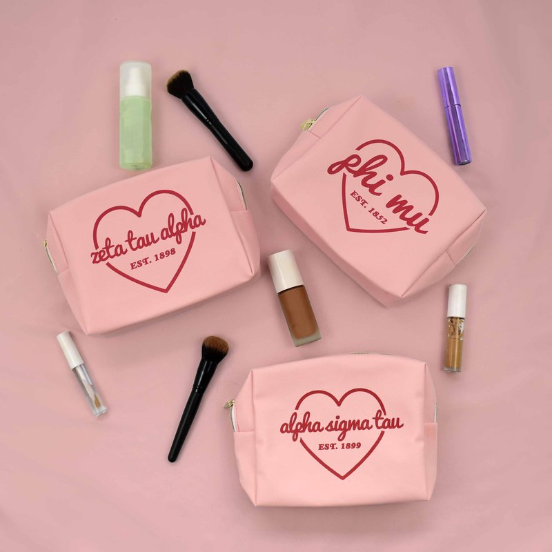 Sorority Shop Chi Omega Makeup Bag - Multi-Purpose PU Leather, Water-Resistant Makeup travel bag with Licensed Design and Zipper Closure, Perfect Chi Omega Sorority Gifts for Women