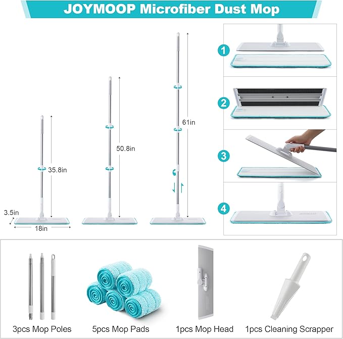 JOYMOOP 18 Inch Dust Mop for Hardwood Floors, Heavy Duty Industrial Wet Dry Mops with Telescopic Handle, Includes 5 Microfiber Mop Pads