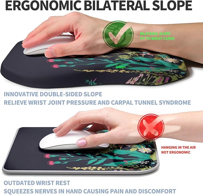 Gleamtide Ergonomic Raised Mouse Pad Wrist Support with Bilateral Slope Memory Foam Mousepad for Wrist Rest and Carpal Tunnel Pain Relief 11.8x7.9〃Midnight Flowers