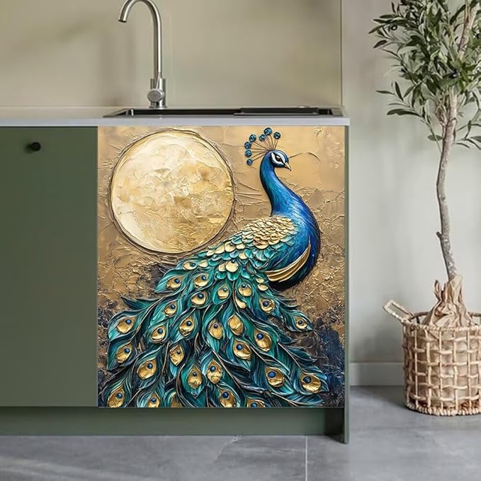 Peacock Kitchen Decor Dishwasher Magnet Cover Decal, Moon Magnetic Dish Washer Panel Door Vinyl Sticker, Refrigerator Magnets,Easy to Clean, 23 x 26 inch
