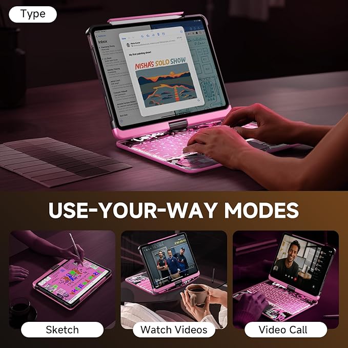Transparent Case with Keyboard for iPad Air 13 Inch (M4/M3/M2, 2026/2025/2024), iPad Pro 12.9 Inch (6/5/4/3 Gen),7-Color Backlit,Magic wireless Keyboard, 360°Rotating,with trackpad,Pencil Holder,pink