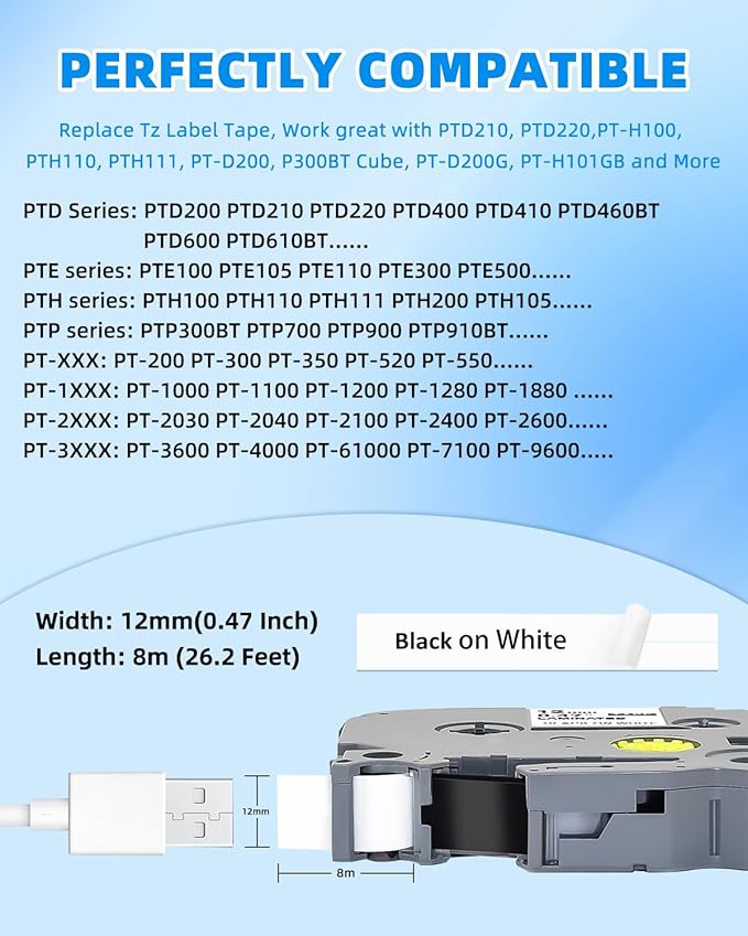 BAALAND Label Maker Tape 12mm 0.47" Laminated White Replacement for Brother P Touch Label Tape TZe-231 TZe231 TZe TZ Tape, Compatible for Brother PT- D210 D220 D200 H100 D400 1280 D600 D610BT, 30-Pack