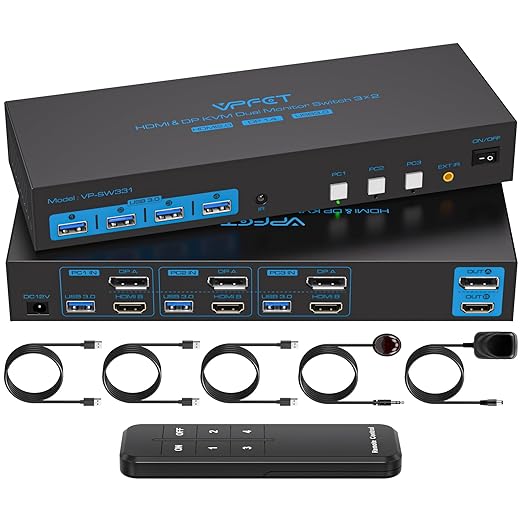 4K@120Hz Kvm Switch 2 Monitors 3 Computers 8K@60Hz HDMI Displayport Dual Monitor KVM Switches 3 Ports for 3 PC Share Mouse Keyboard and 2 Screens with USB 3.0 Cables and Extended Controller