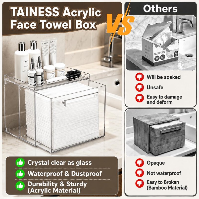 TAINESS Acrylic Disposable Face Towels Holder Compatible with Clean Skin Club Towel XL - Clear Storage Box Wall-Mounted Cosmetic & Skin Care Organizer with Drawer for Bathroom Vanity