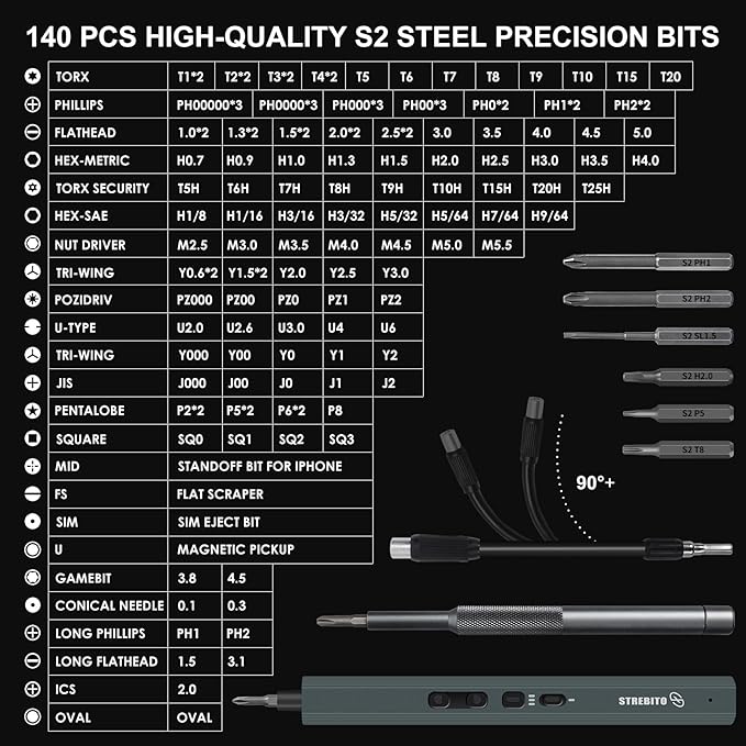 STREBITO 155 in 1 Electric Screwdriver Set, Small Electric Screwdriver Cordless with 140 S2 Magnetic Bits, Electronic Power Screwdriver Repair Tool Kit for RC, Computer, PC Building, Laptop
