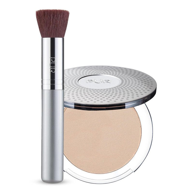 PÜR MINERALS Chisel Makeup Brush & 4-in-1 Pressed Mineral SPF 15 Foundation Bundle | Perfect for Flawless Coverage