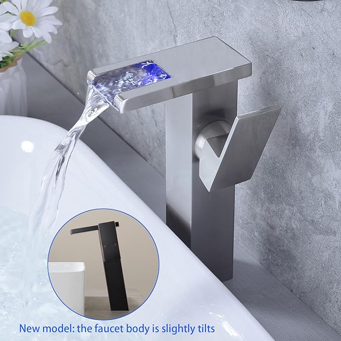 LED Waterfall Bathroom Sink Faucet, 3 Colors Changing Glass Spout Faucet with Water Supply Hose, Single Handle Single Hole Slanted Body Brass Mixer Vanity Sink Tap (Brushed Nickel)