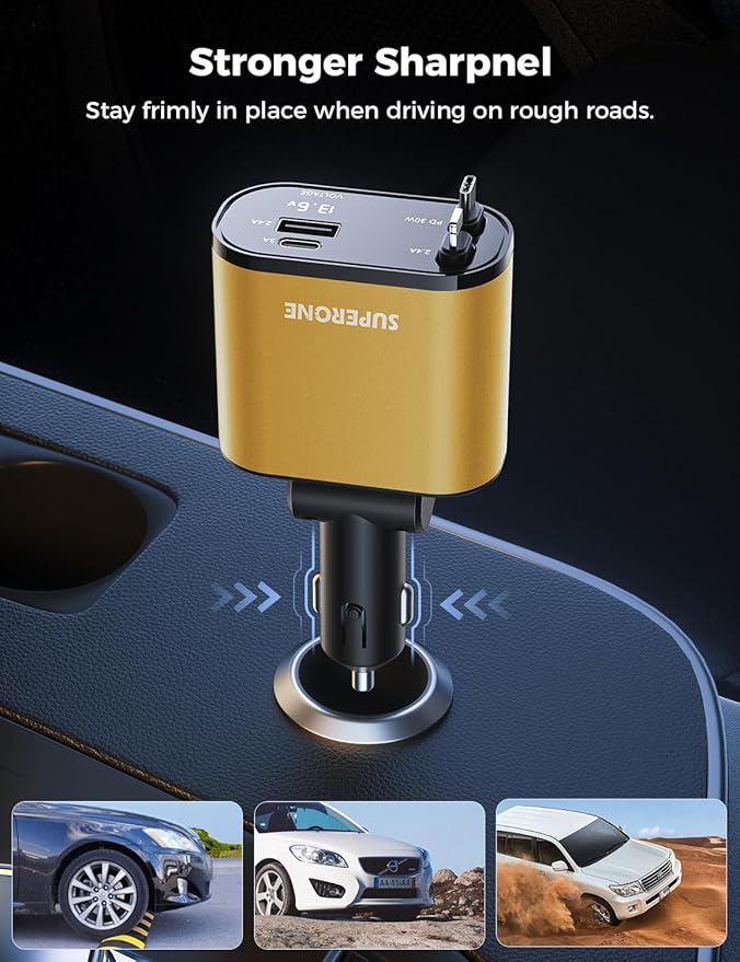 【Upgraded】 SUPERONE Retractable Car Charger 4 in 1, Fast Car Phone Charger with Cord 2.6ft, USB C and Apple Car Charger Adapter, Compatible with iPhone 17 16 15/15 Pro Max/14/13/12/11, Galaxy, Pixel