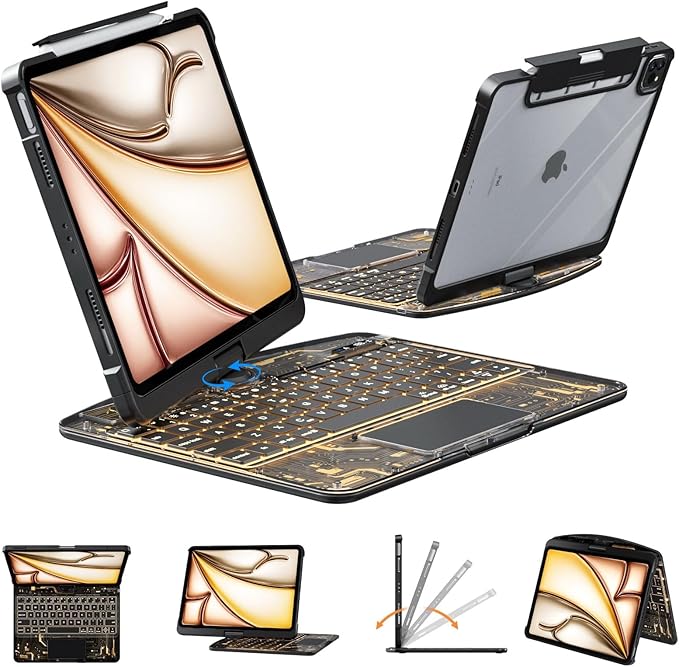 Transparent Case with Wireless Keyboard for iPad Air 11 Inch (M3/M2,2025/2024), 7 Colors Backlight, Multi-Touch Trackpad, 360° Rotating Stand Case for 10.9" iPad Air 5th/4th, 11" iPad Pro 4/3/2/1