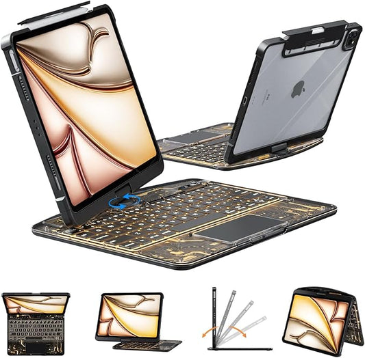 Transparent Case with Wireless Keyboard for iPad 11th Gen 11 Inch (A16, 2025) & iPad 10th Gen 10.9 Inch (2022), 7 Colors Backlight, Multi-Touch Trackpad, 360° Rotating Stand Case for 11th/10th