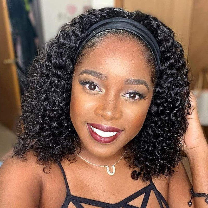 Aiterina Headband Wig Deep Wave Human Hair Virgin Hair Wigs 14 Inch None Lace Front Wigs for Black Women Deep Wave Machine Made Wig Natural Color