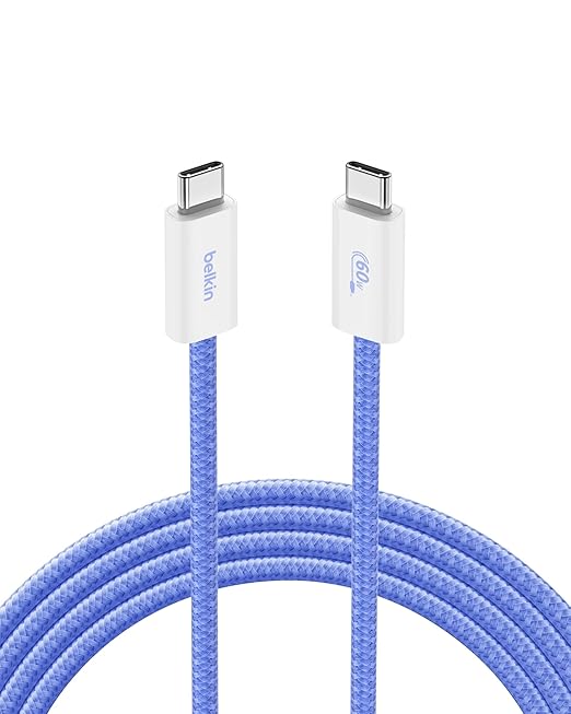 Belkin USB C to USB C Cable, 6.6ft, 60W - Type C Charger, iPhone Charger Cord, Soft, Braided, Flexible for iPhone 17, Galaxy S25, Pixel 9, Airpods, iPad Pro, Tablet & More, Travel Essentials - Blue
