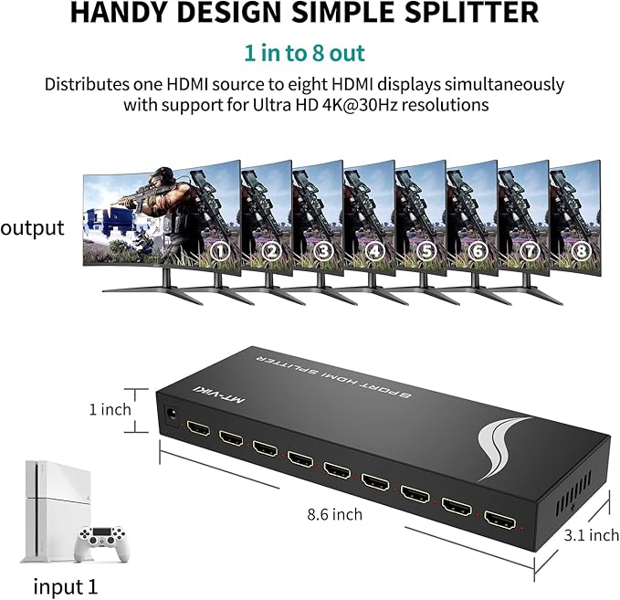 MT-VIKI HDMI Splitter 1 in 8 Out, Powered 8 Port HDMI Signal Duplicator Supports 4K@30Hz, Long Distance Transmission for Conference Room, Church,Classroom, Retail Display