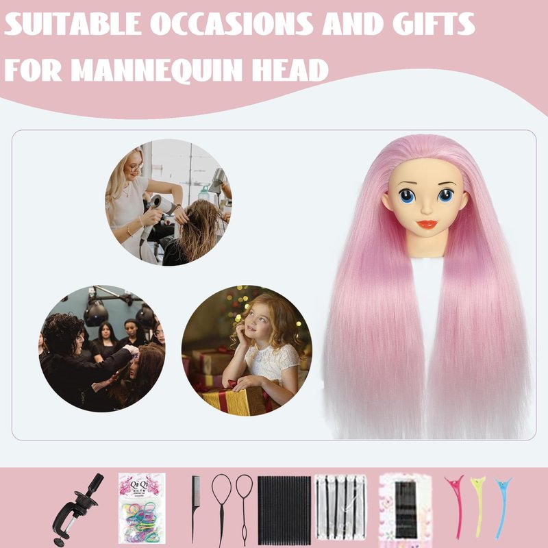 TKIMHEQ Mannequin Head with Hair 24'' Doll Head for Hair Styling Training Head Manikin Practice Cosmetology Doll Head Styling Hairdressing Training Braiding Heads with Clamp Holder (Ombre Pink)