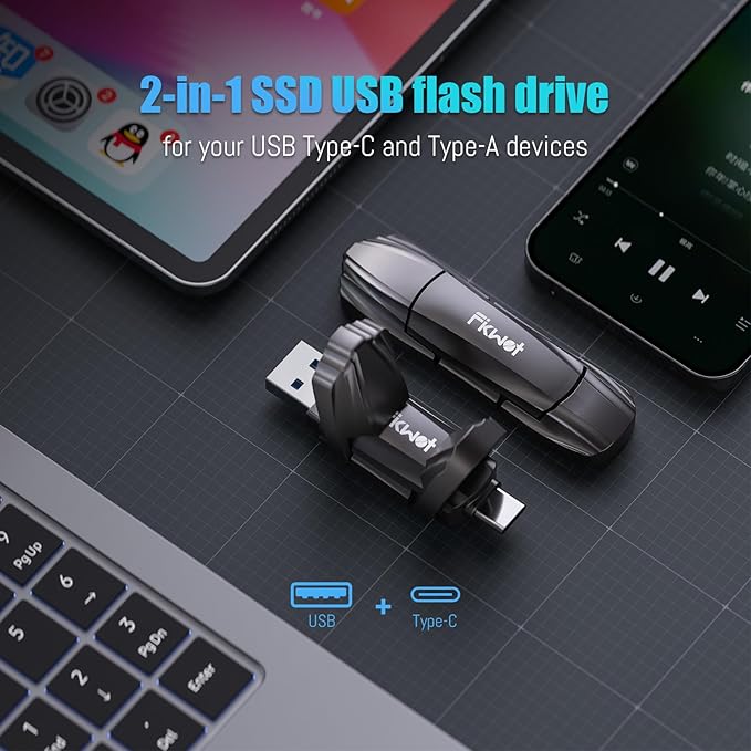 Fikwot External SSD USB Flash Drive 256GB, Up to 550MB/s 2-in-1 Type C+ USB A USB3.2 Gen2 Solid State Thumb Drive SSD Stick for iPhone 15/16/Android/Windows/Mac/PC/Laptops