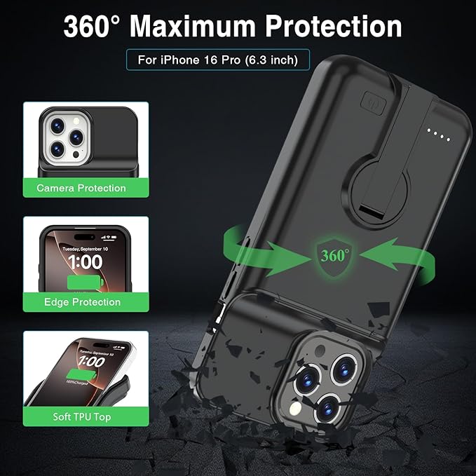 GIN FOXI Battery Case for iPhone 16 Pro, Charging Case with Holder 8000mAh Rechargeable Charger Ultra-Slim Anti-Fall Protection Extended Battery Pack Juice Box for iPhone 16 Pro 6.3" Black