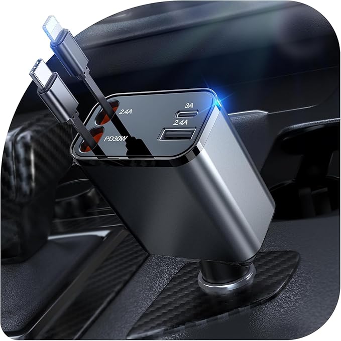 2026 Updated 85W Retractable Car Charger, 4-in-1 Fast Car Phone Charger with 2.6ft Two Retractable Cables and USB C+USB A Car Charging Block Cube, Compatible with iPhone 13 14 15 16 17 Pro Max, Plus