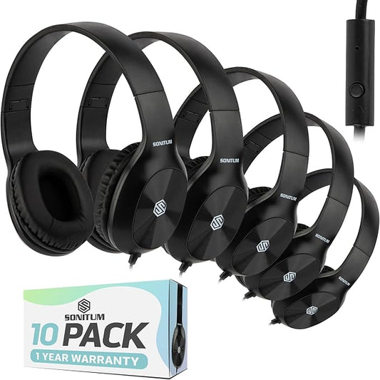 Sonitum Classroom Headphones-Bulk 10-Pack, with Microphone Student On Ear Comfy Swivel Earphones for Library, School, Airplane, Kids-for Online Learning and Travel, HQ Stereo Sound 3.5mm Jack (Black)