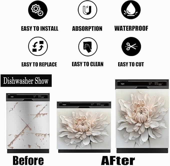 White Flower Reusable Dishwasher Cover, 23' x 17' Decal for Front Panel, Magnet Cover, Appliance Wrap Skin