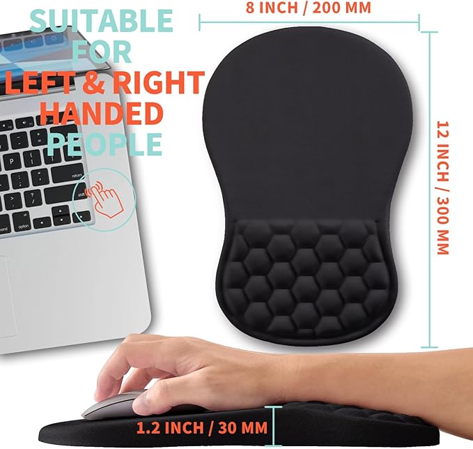 Kuosgm Ergonomic Mouse Pad Wrist Support with Memory Foam Massage Bulge, Carpal Tunnel Pain Relief Mousepad Wrist Rest for Mouse(12x8 inch, Black)