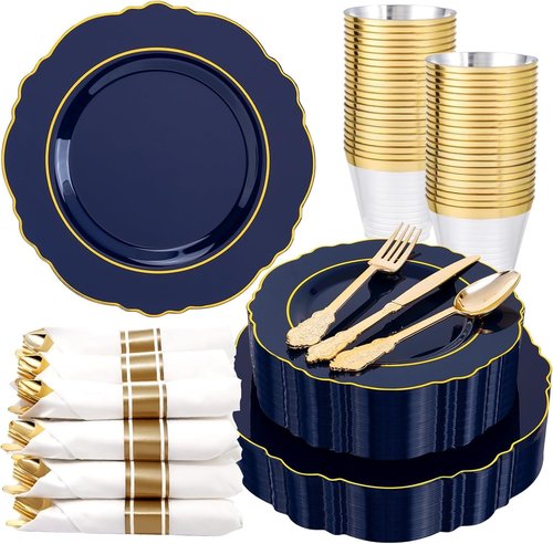Liacere Navy Blue Plastic Plates - 350PCS Disposable Dinnerware Set for 50 Guests | Includes Napkins & Silverware
