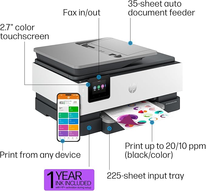HP OfficeJet Pro 8139e Wireless All-in-One Color Inkjet Printer, Print, scan, Copy, fax, ADF, Duplex Printing Best-for-Home Office, 1 Year Instant Ink Trial Included, AI-Enabled (40Q51A)