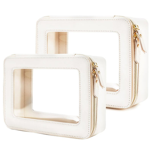 Aveniee Clear Makeup Bag Organizer Set,Portable Travel Toiletry Case for Women, Vegan Leather Cosmetic Pouch Car Bag for Essentials 2pcs,Middle & Large,Beige