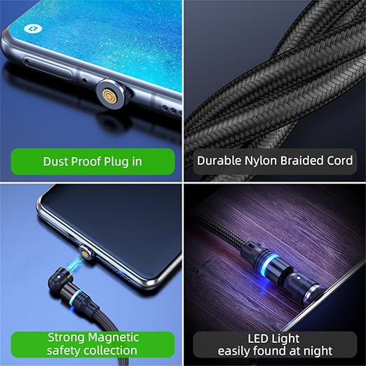 Losuesme Magnetic Charging Cable (6-Pack,1.6+3.3+3.3+6.6+6.6+10ft) 540° Rotation Magnet Phone Charger USB C Cable 3A Fast Charging Magnetic Charger Cable with LED Light for Micro USB Type C Device