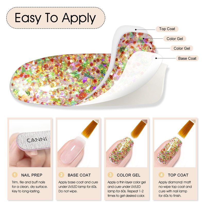 CANNI Gel Polish Glitter Gel Nail Polish Set, 8 Colors Shimmery Prism Flash Red Green Purple Fine Glitter Gel Polish U V LED Soak Off Manicure Kit Gift for Women Girls
