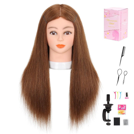 Mannequin Head Human Hair 22-24" Cosmetology Manikin Head with 100% Real Human Hair for Hairdresser Practice with Free Clamp Holder and Tools (Dark Brown)