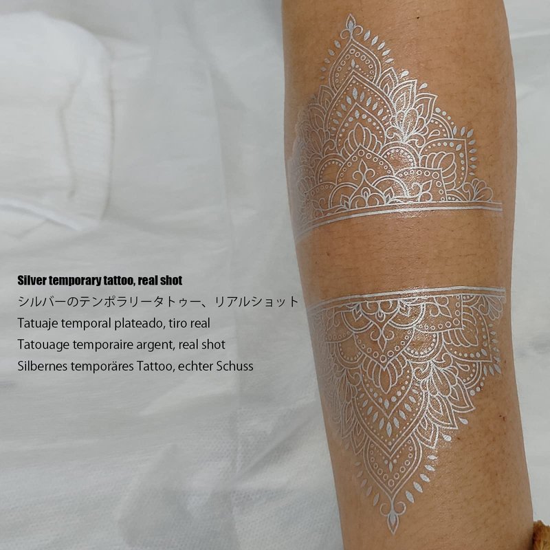 Roarhowl Metallic sparkle temporary tattoos, gold, silver, suitable for all skin tones (silvery 4)