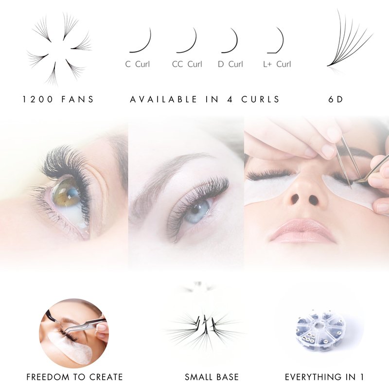 1200 Premade volume fans eyelash extension | 8 sizes-in-1 round mixed box | Includes lengths 9-16mm | C, CC, D, M, L curl| For professional lash artists | 6D Volume (CC Curl)