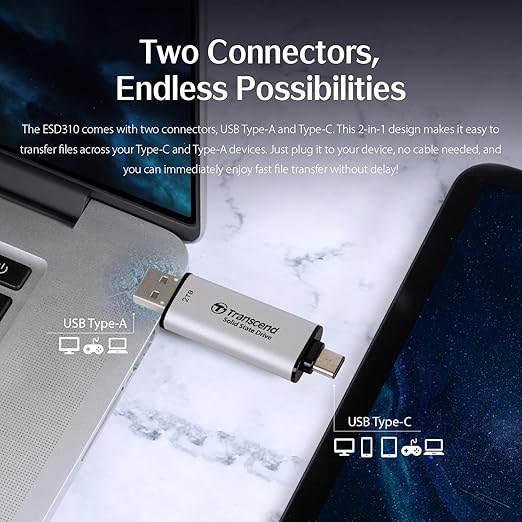 Transcend ESD310 512GB External SSD, Up to 1,050MB/s, Dual USB Flash Drive for iPhone/iPad/Mac/Windows/Android/Tablet/PC, USB3.2Gen2 Thumb Drive Photo Stick, 2-in-1 Type C &Type A Memory Stick-Silver