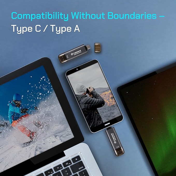 Transcend ESD310 256GB External SSD, Up to 1,050MB/s, Dual USB Flash Drive for iPhone/iPad/Mac/Windows, Android/Tablet/PC, USB 3.2 Gen 2 Thumb Drive Photo Stick, 2-in-1 Type C &Type A Memory Stick