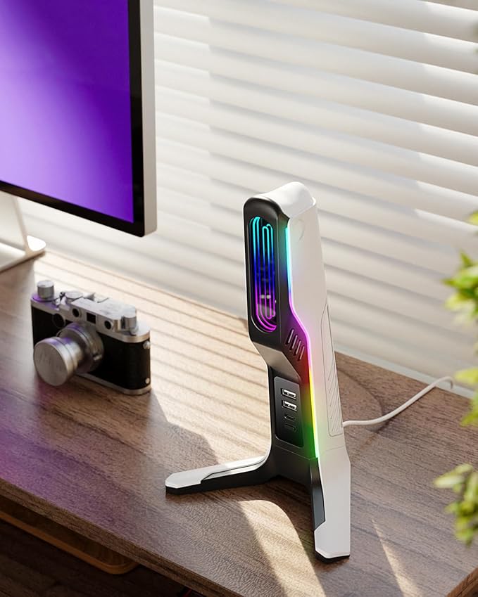 IFYOO RGB Gaming Headset Stand with 2 USB and 1 Type-C Ports, Game Headphone Mount for PC Computer, Xbox One, Xbox Series S/X, PS5, PS4, Earphone Holder Hanger, Desk Gamer Accessories, Black&White